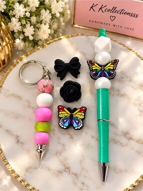 Green Butterfly Bead Pen & Pink Bead Keychain Set